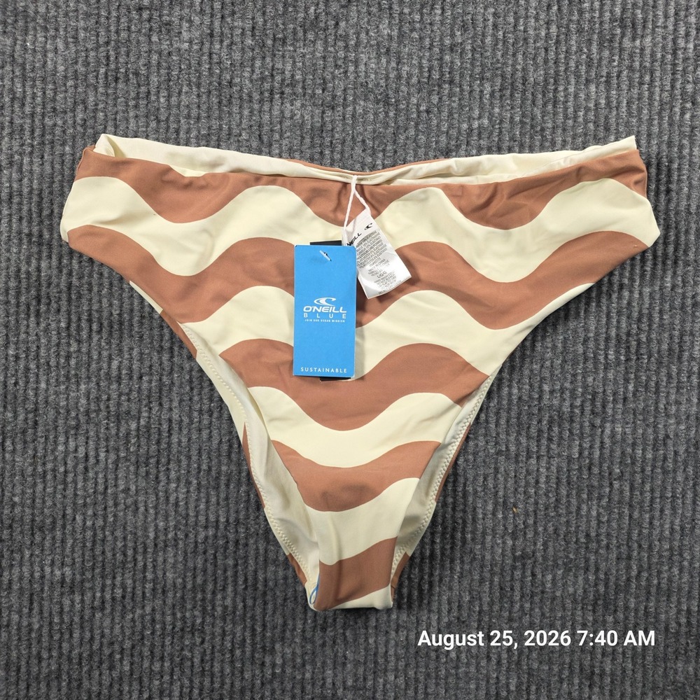 ONeill Blue Saltwater Solid Wave Print Bikini Bottoms Brown Cream LG NWT